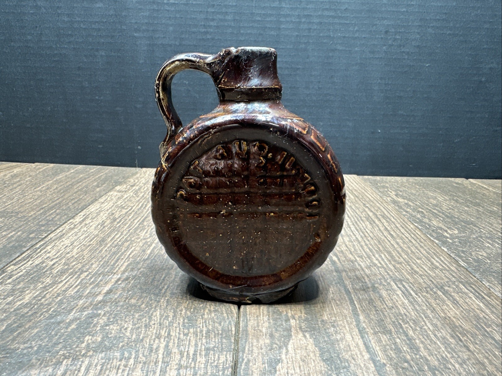 Antique BROWN Glazed Stonewear Whiskey Canteen Jug Pat. Aug. 11, 1891 Primitive