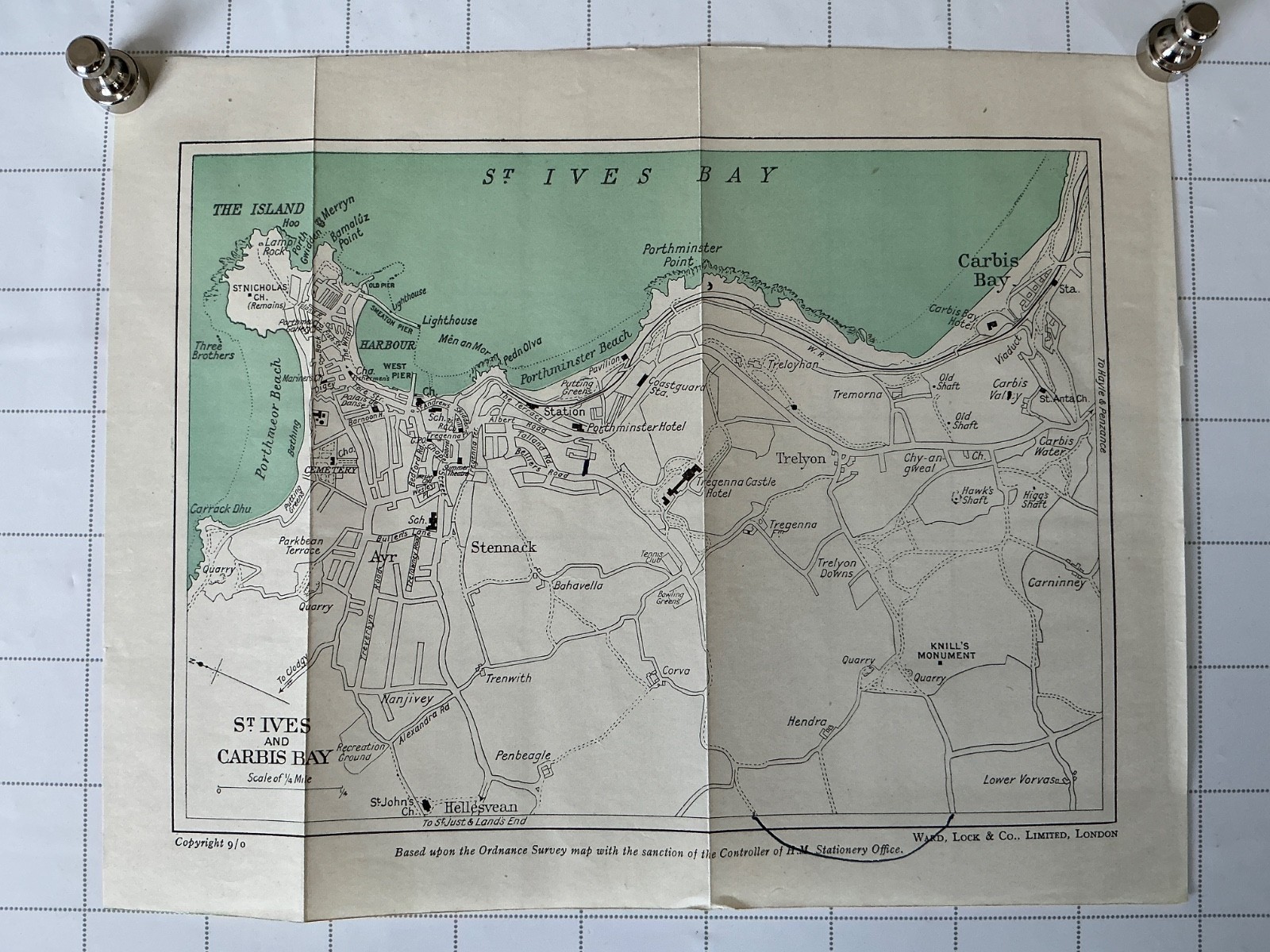 St IVES and CARBIS BAY – 1950 Vintage Street Map Plan Hotels Railway Harbour