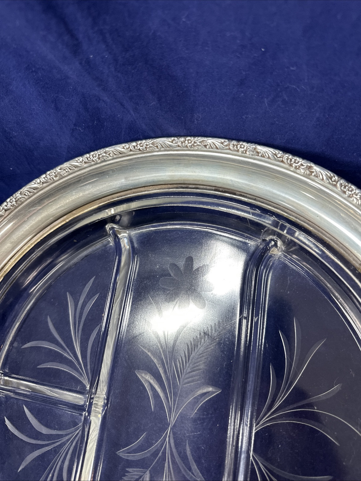 Frank M. Whiting Sectional 12″ Glass Dish with Sterling Silver Rim