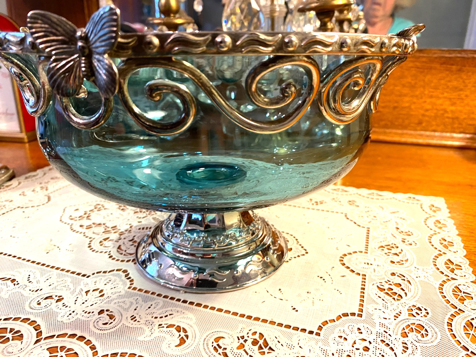 STUNNING BLUE GLASS CONSOLE BOWL STERLING SILVER MOUNT WMF CANDLESTICK HOLDERS