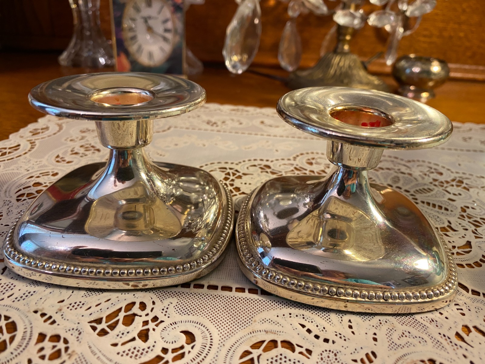 STUNNING BLUE GLASS CONSOLE BOWL STERLING SILVER MOUNT WMF CANDLESTICK HOLDERS