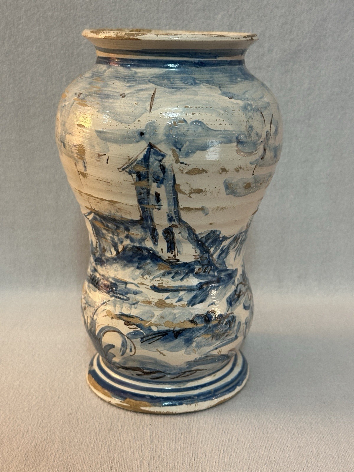 Antique Italian Majolica Blue/White Albarello Drug Jar, Bacchus, 17th C. – 8 in.