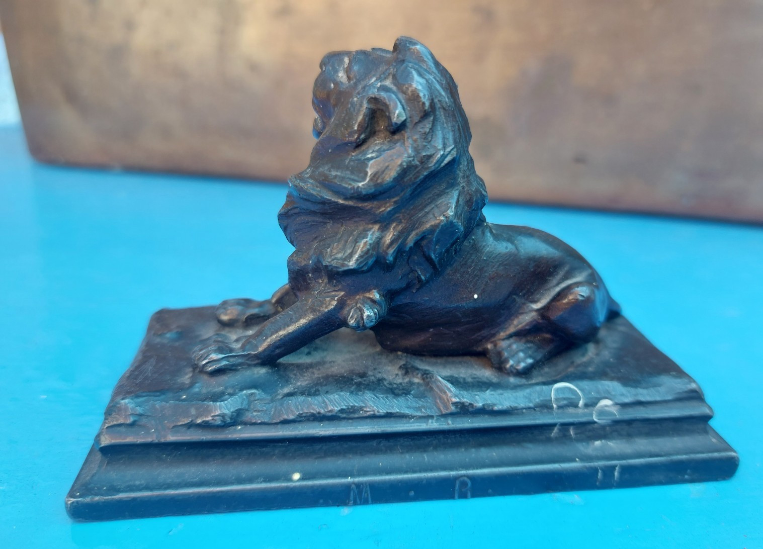 Vintage French cast metal lion on base, desk ornament, spelter