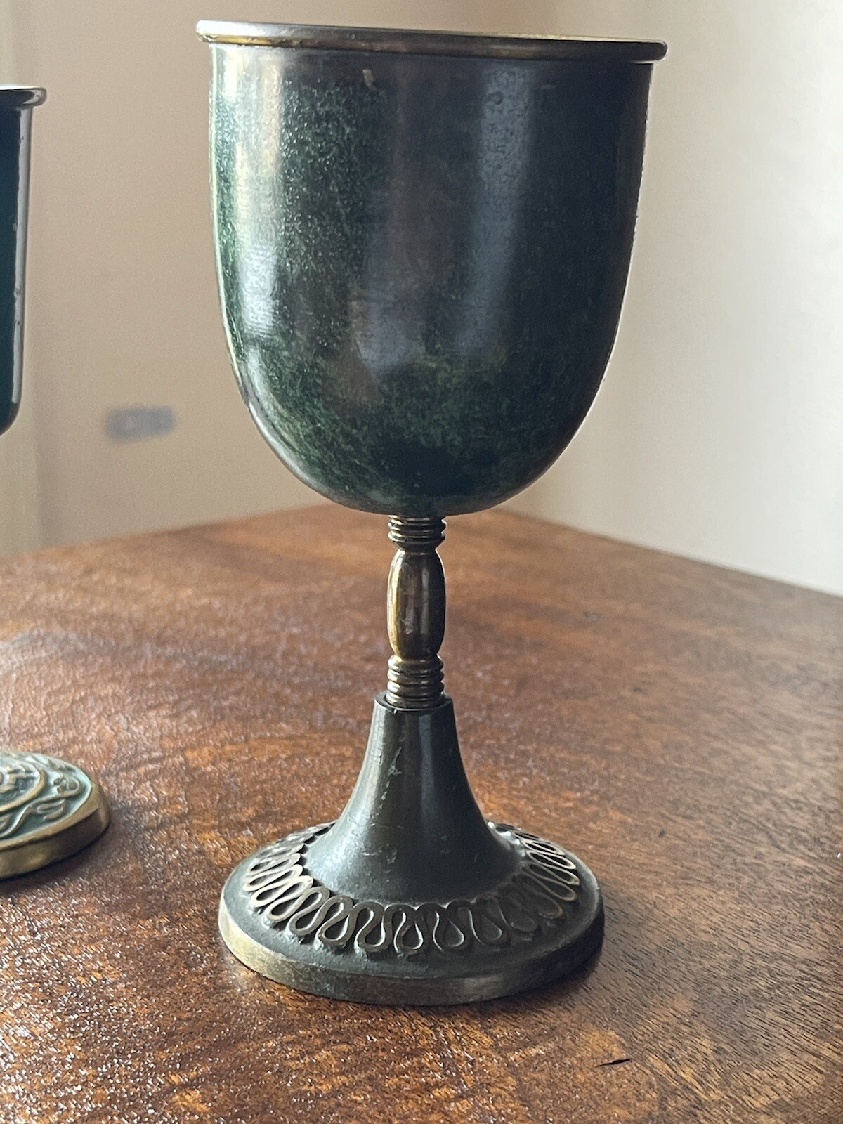 Two Israel Hakuli Hand Painted Goblet Sabra Bright Blue Green 5” Tall