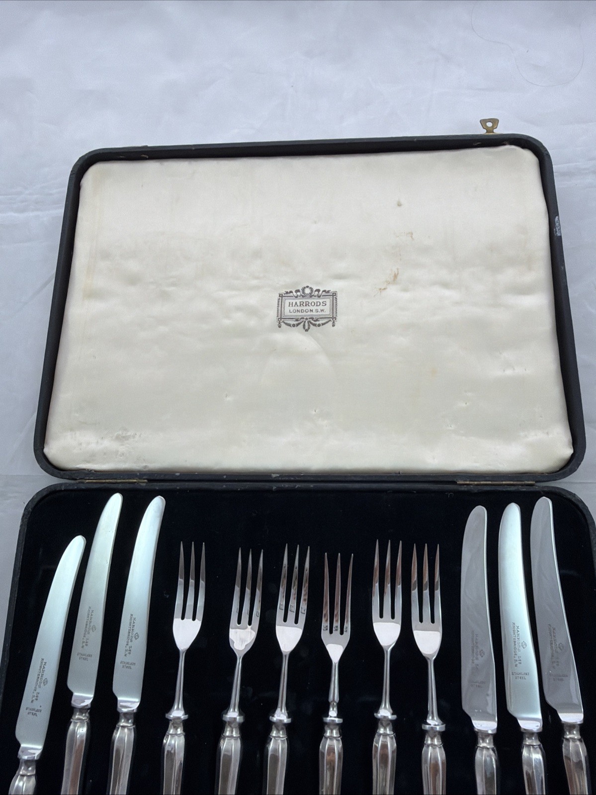 Harrods London S.W. Set of Antique Silver-Plated Dessert Forks & Knives w/ Case