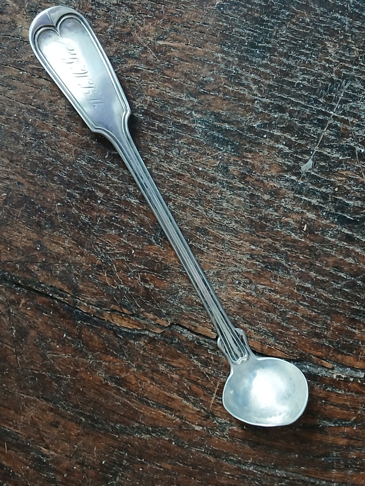 Antique Sterling Coin UNKNOWN Fiddle & Thread Mustard Ladle Spoon RARE “McGee”