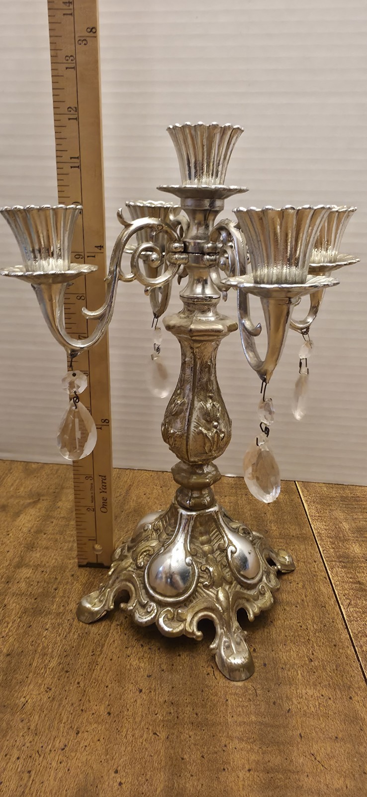 Candelabra 5 Candle Silver Gold Tone Crystals Victorian Mantel Ornate VINTAGE