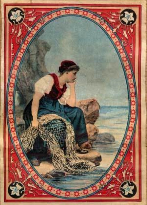 Fisher woman – print decal sticker trunk liner paper chest steamer vintage old