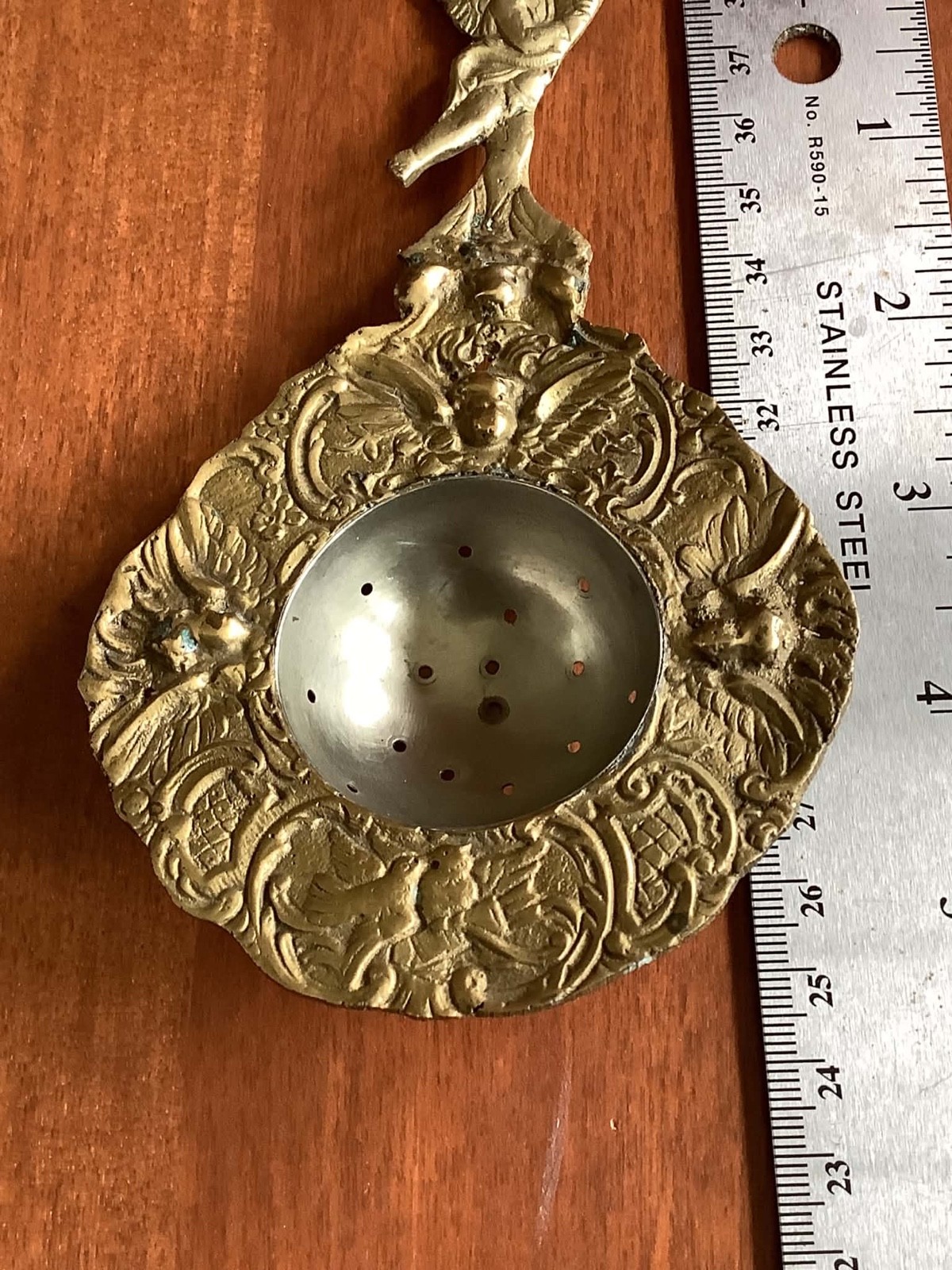 Antique Ornate Early 1900s Italian Brass & Silver Tea Strainer Cherubs Gorgeous