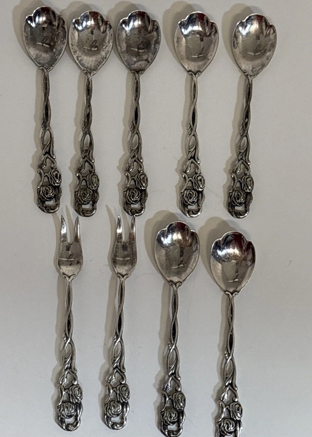 VTG 9 Nils Johan Sweden Rose Vine Silver Plate Cocktail Fork & Demitasse Spoons