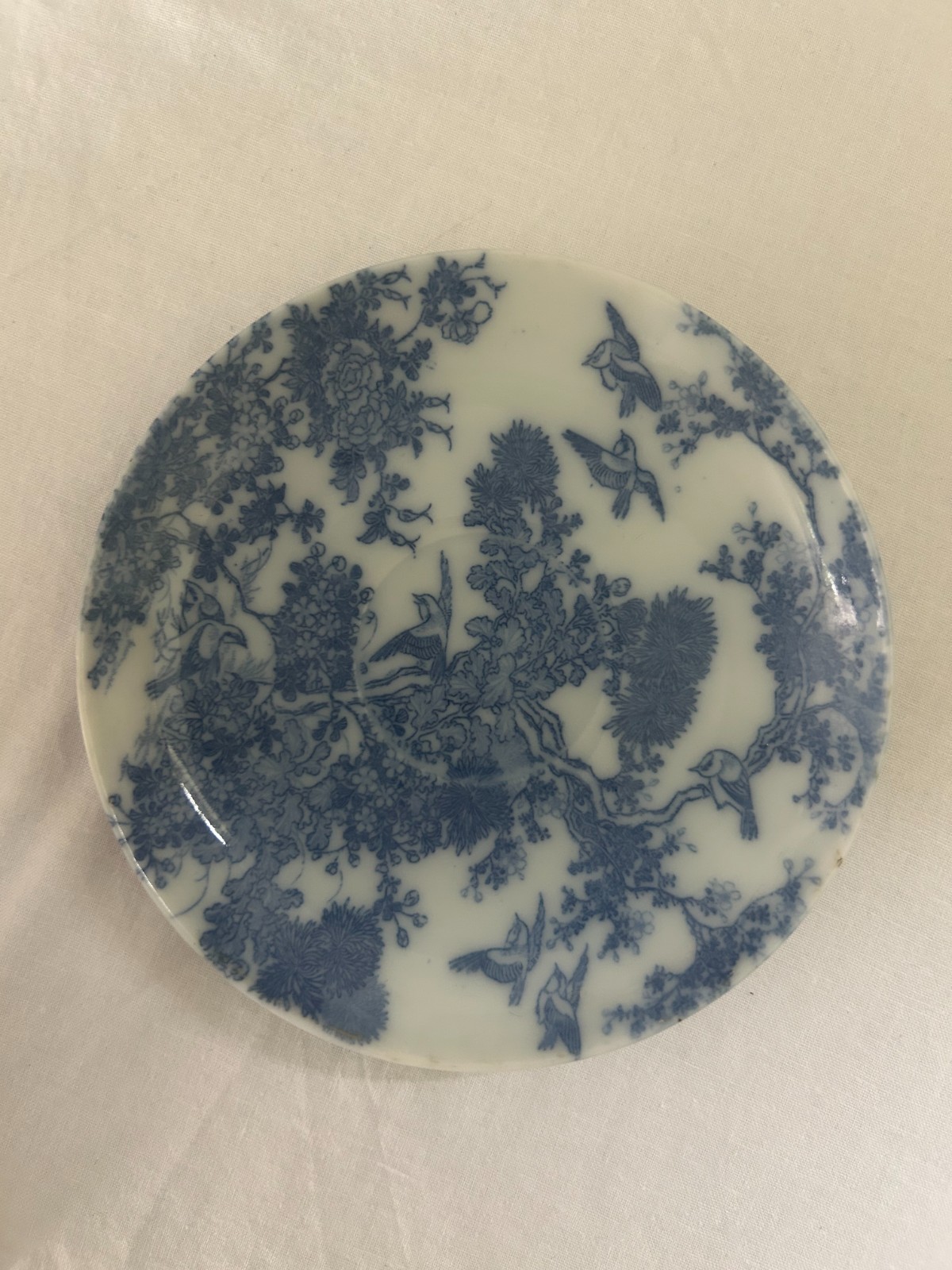Chinoiserie Style Antique Blue White Porcelain Bird Floral Saucer Plate