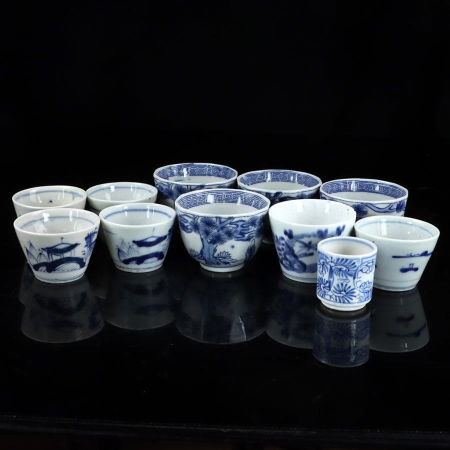 Antique Ko Imari Blue White Soba Choko Cup Set Eleven Edo Style Japan Porcelain