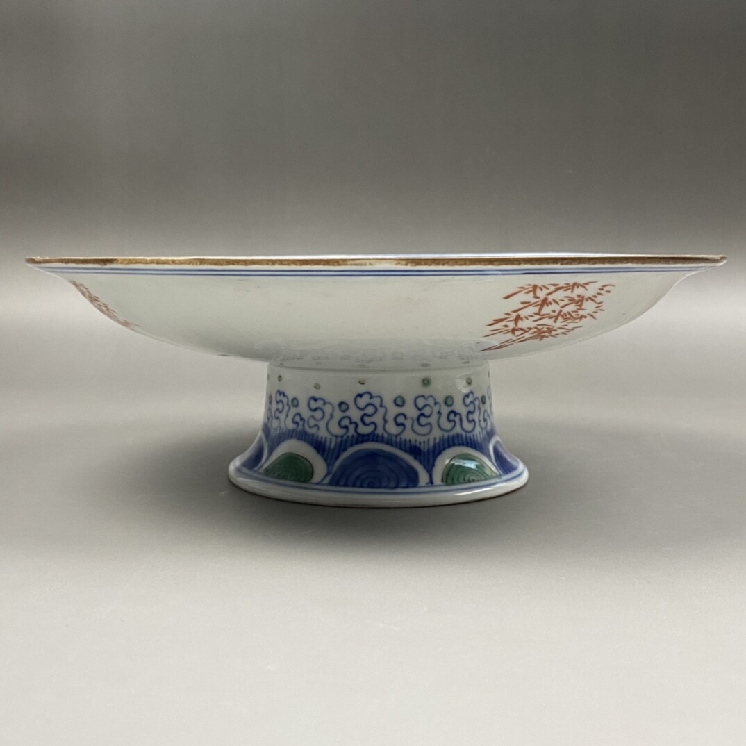 8.4 “Old China Qing Dynasty Blue and white Doucai Figure pattern High foot disc