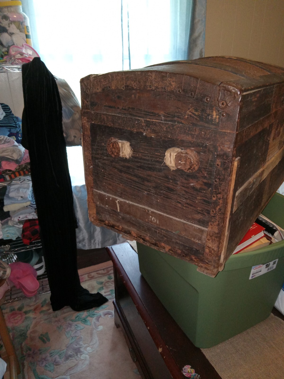 Antique chest, yes, has cosmetic damages. Not too bad opens and closes