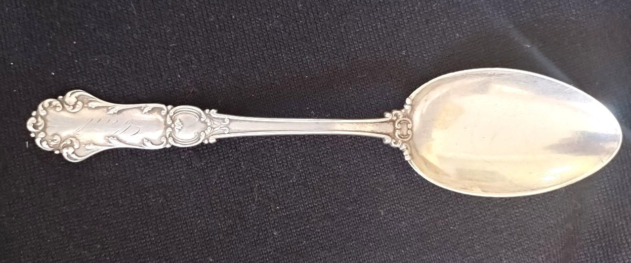 Sterling teaspoon 5 5/8″ weighs approx. .75 oz. Monogram Cecil unknown hallmark