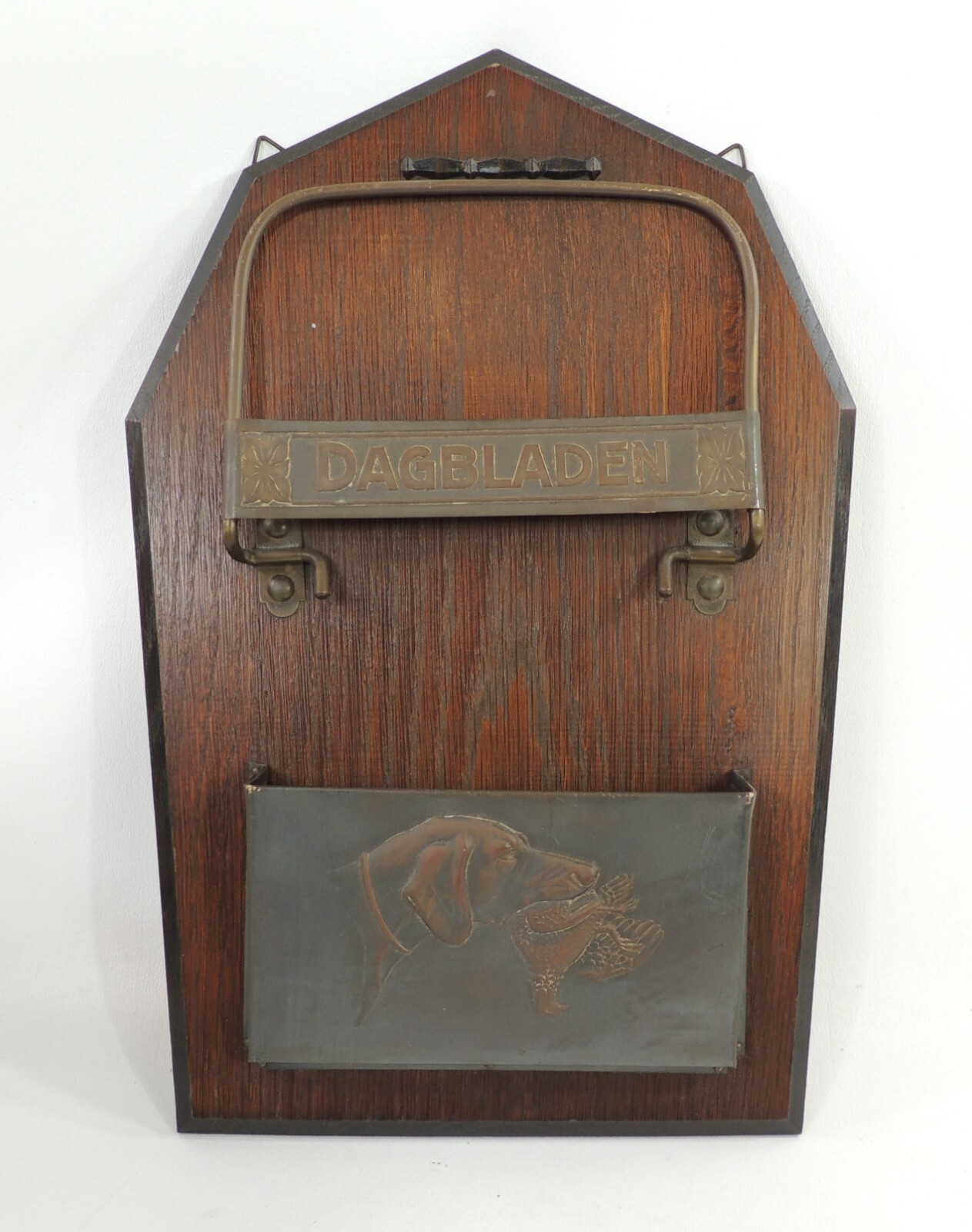 Antique Dutch Dagbladen Wood & Brass Newspaper & Mail Holder Hunting Dog w Bird