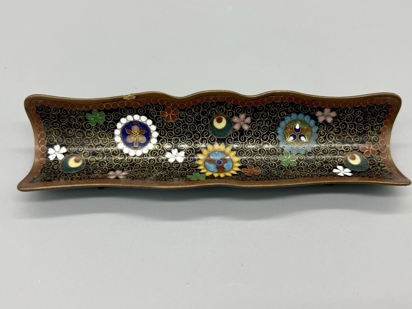 Antique Japanese Enamel Over Bronze Brush Pen Footed 6” Tray