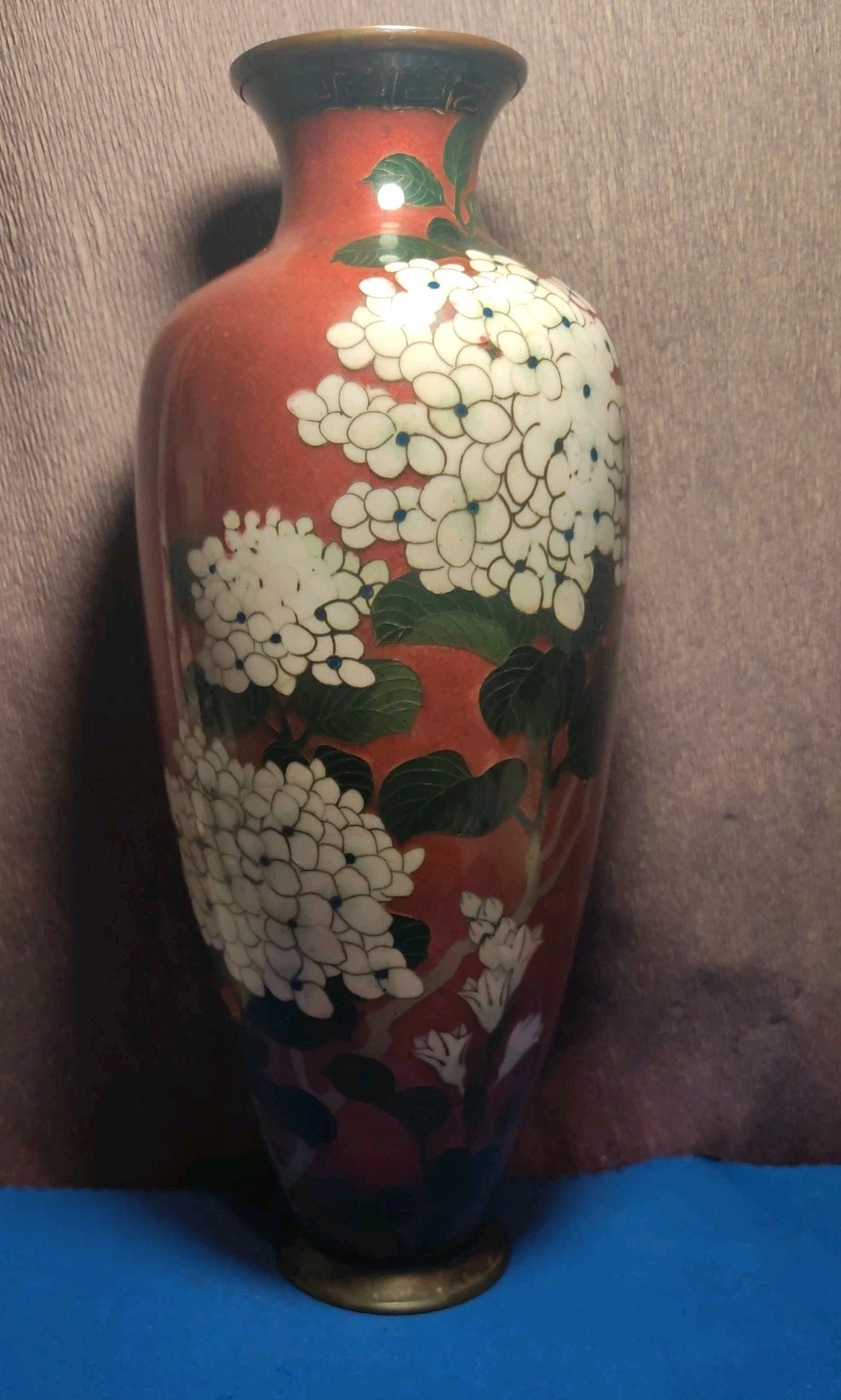 Antique Very Large Japanese Ginbari Cloisonne Red Blossom Vase 30.5cm 12″ 30.5