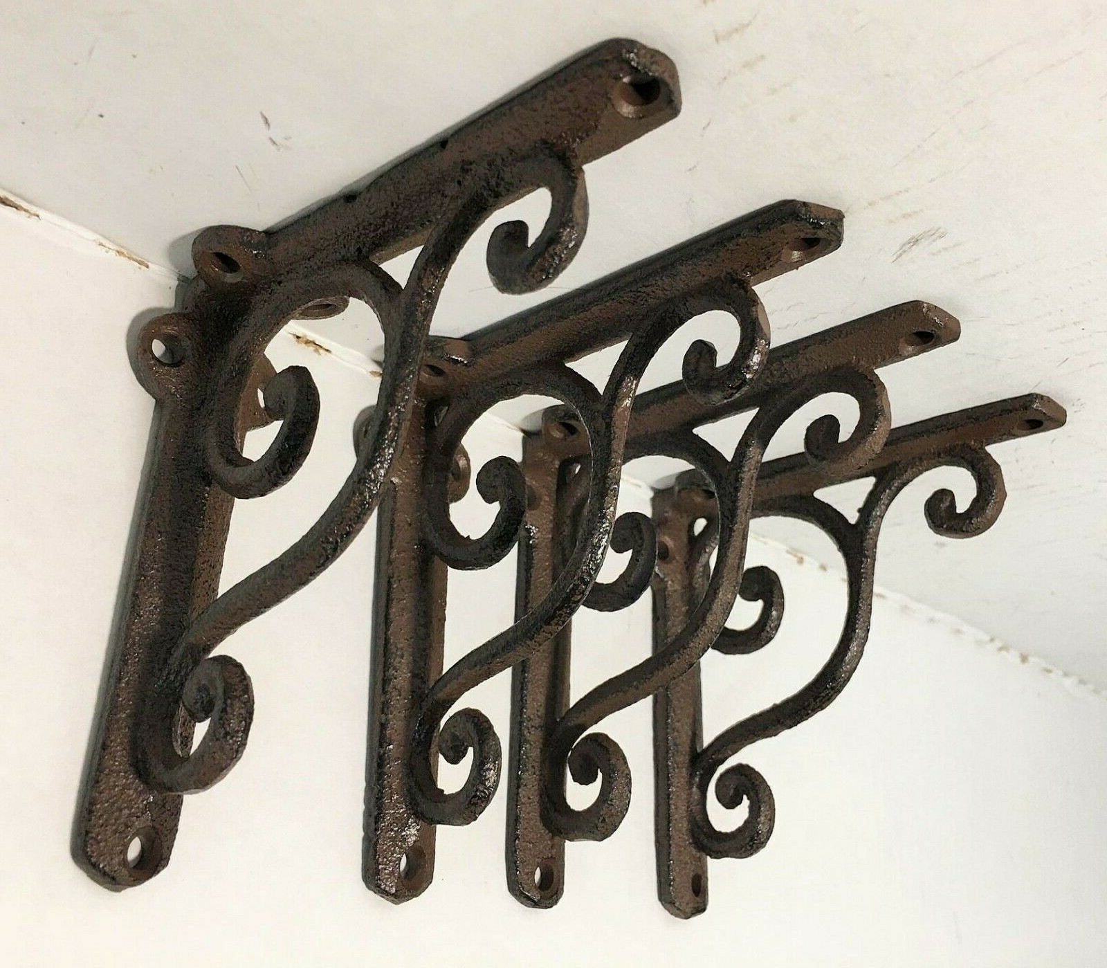 SET OF 4 SMALL RUSTIC BROWN SCROLL BRACE BRACKET vintage looking patina finish