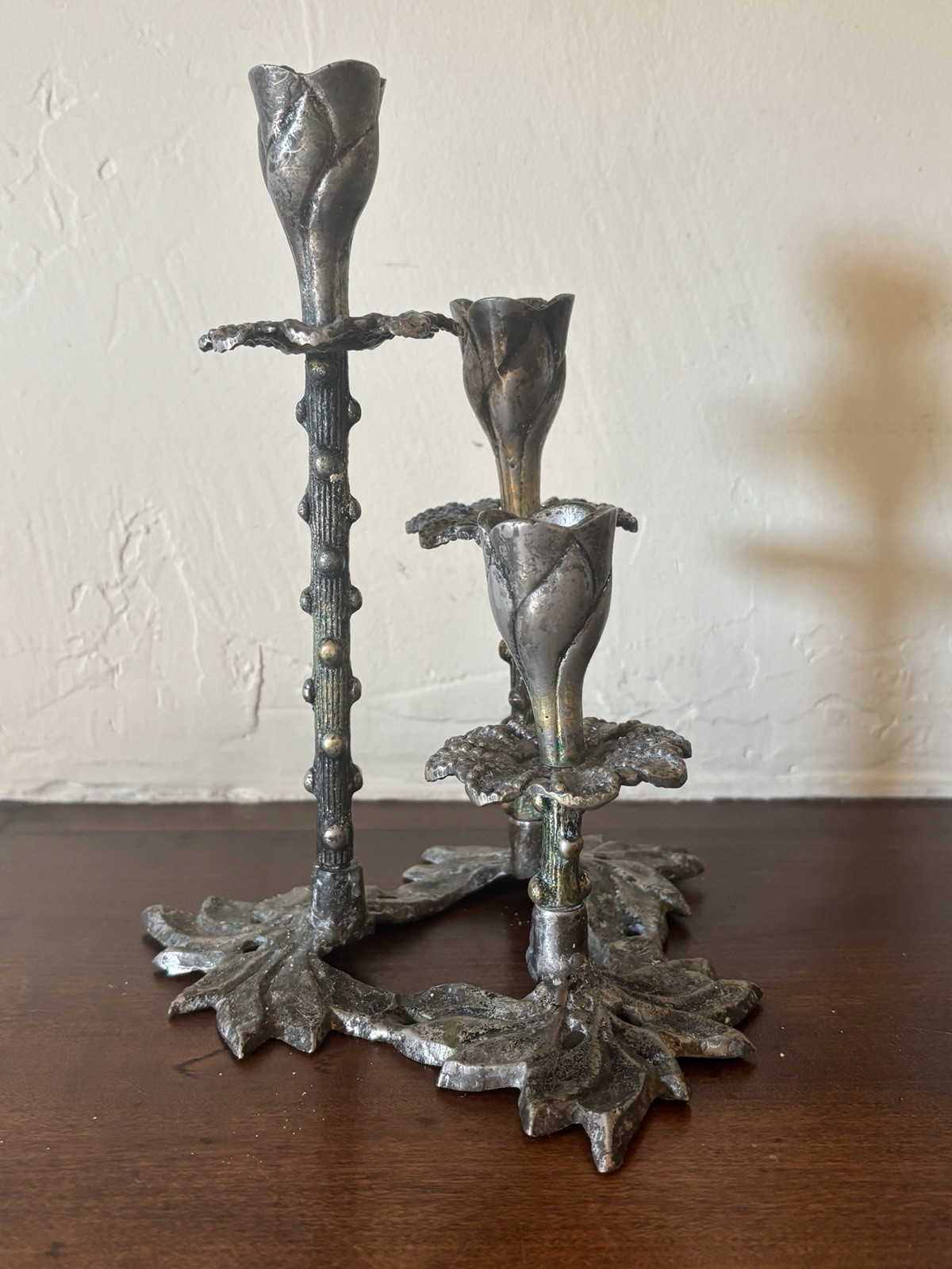 Vintage Art Nouveau Style Silver Plate Candle Stick 3 Arm Floral Candelabra
