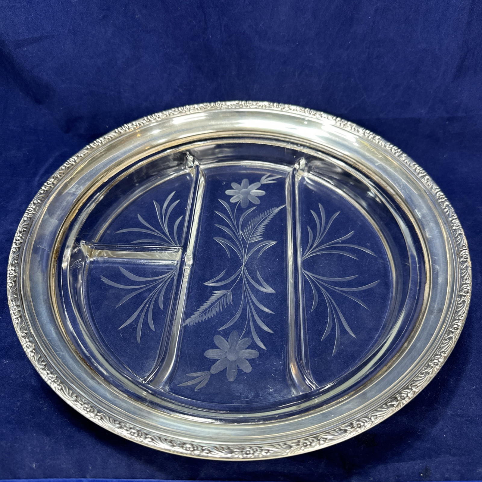 Frank M. Whiting Sectional 12″ Glass Dish with Sterling Silver Rim