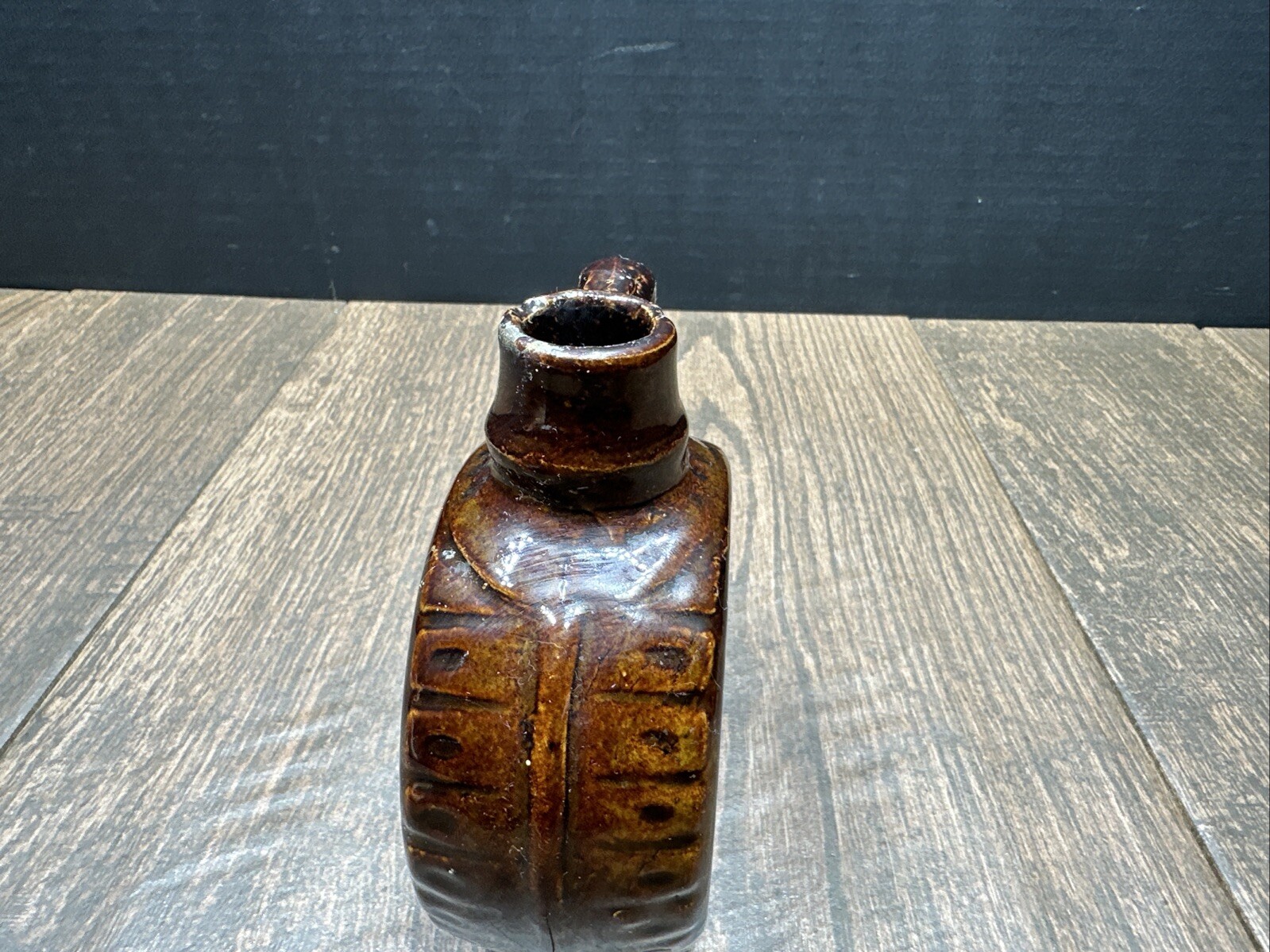 Antique BROWN Glazed Stonewear Whiskey Canteen Jug Pat. Aug. 11, 1891 Primitive