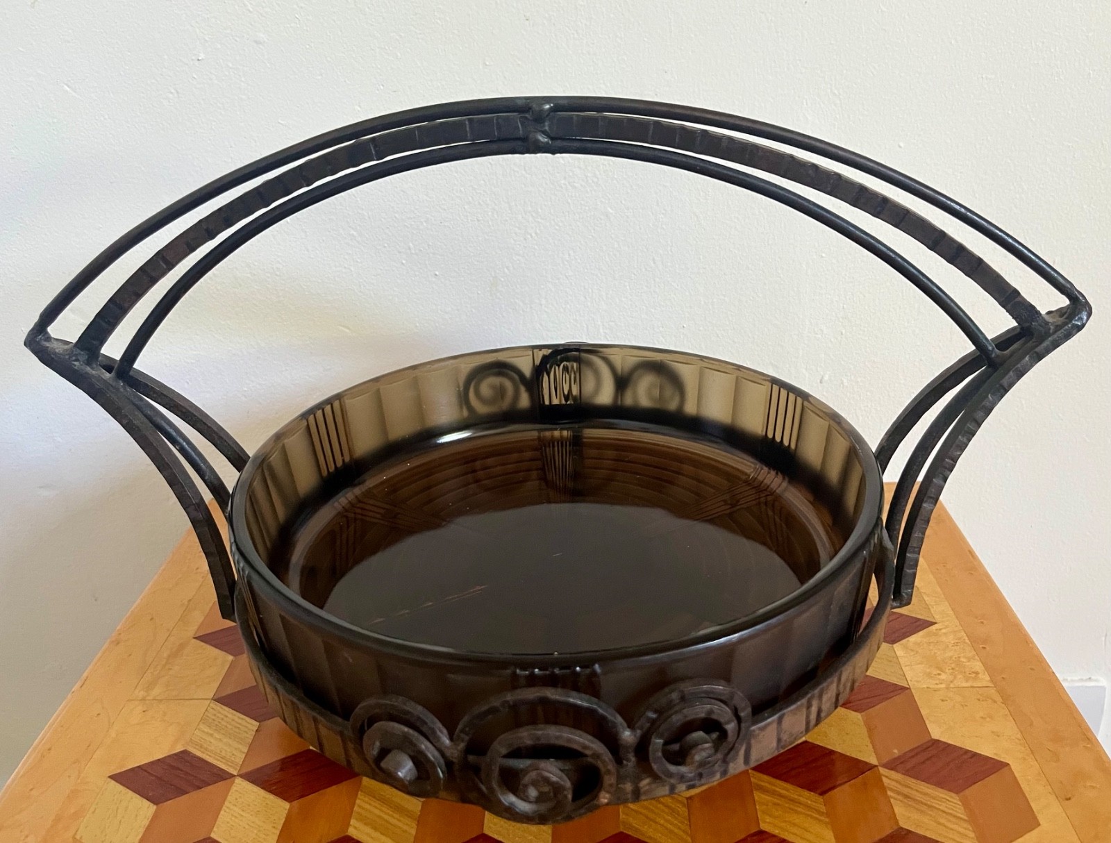 Antique Art Deco Wrought Iron & Glass Centrepiece Bowl Basket Muller Freres?