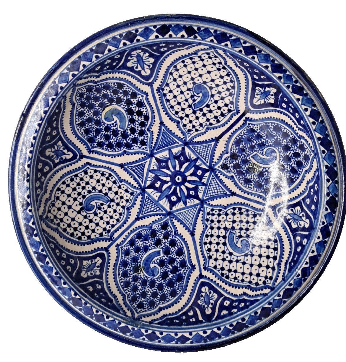 Vintage Moroccan Islamic Hand Painted Cobalt Blue Floral Pottery Bowl 13.25