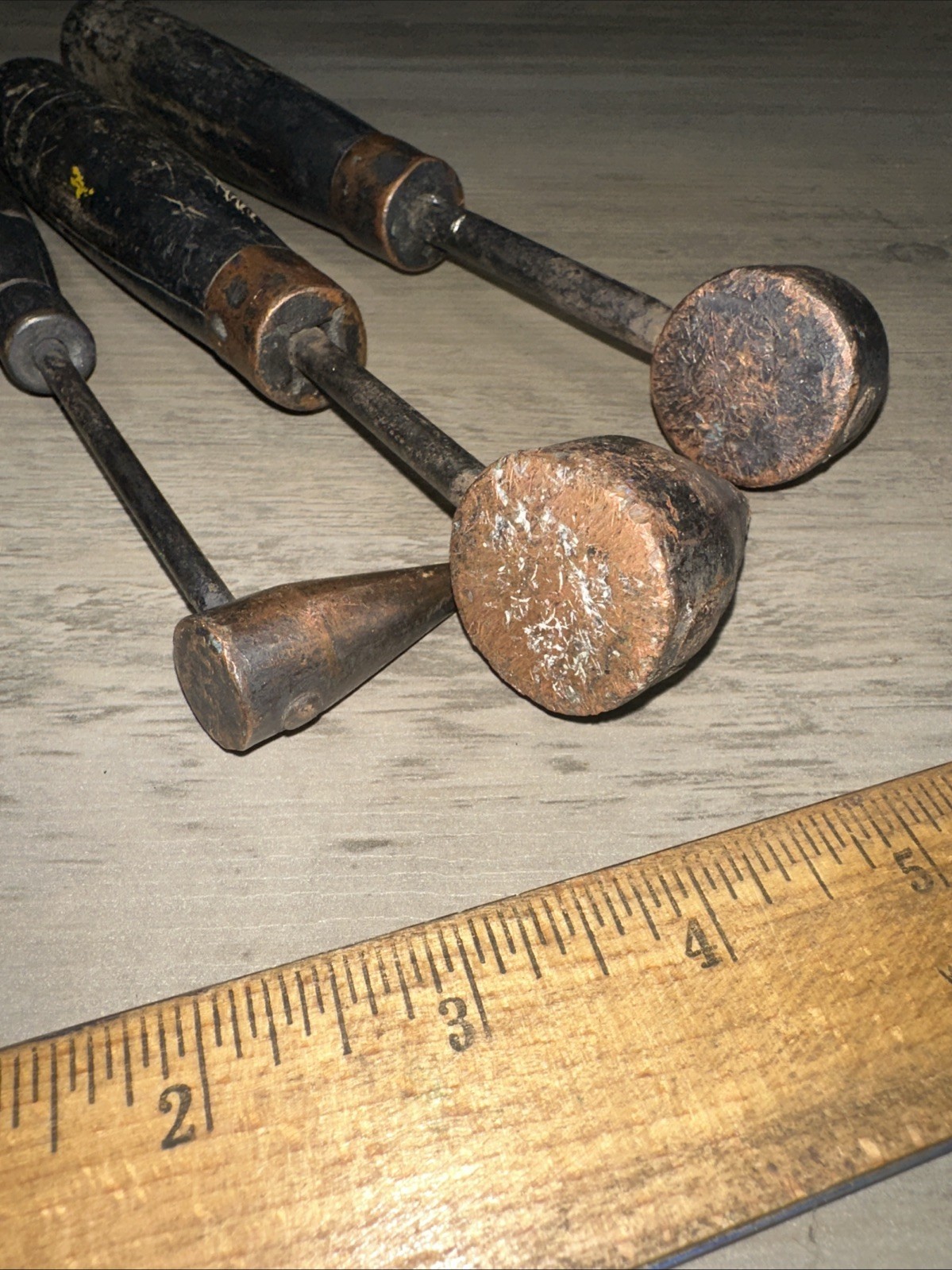3 Unknown Antique Copper Tools With Wood Handles. Coppersmith Tools?