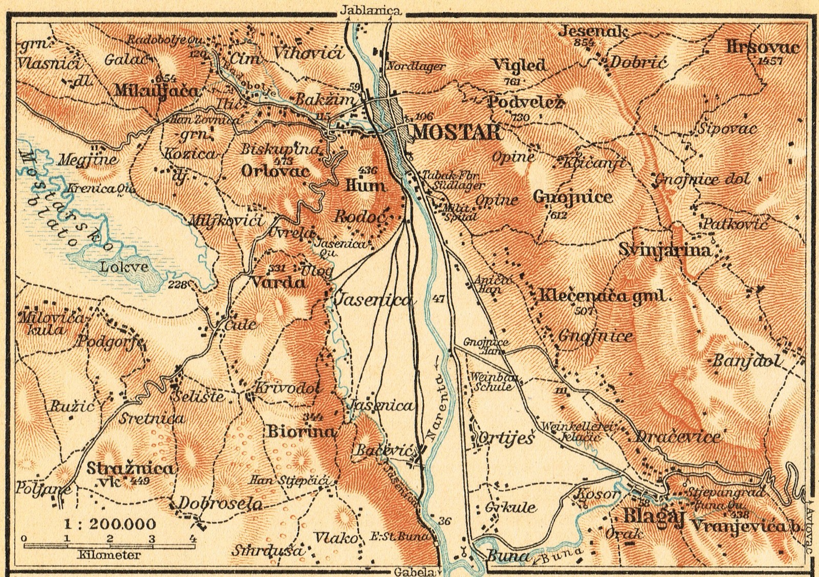 MOSTAR 1914 Original map Bosnia and Herzegovina