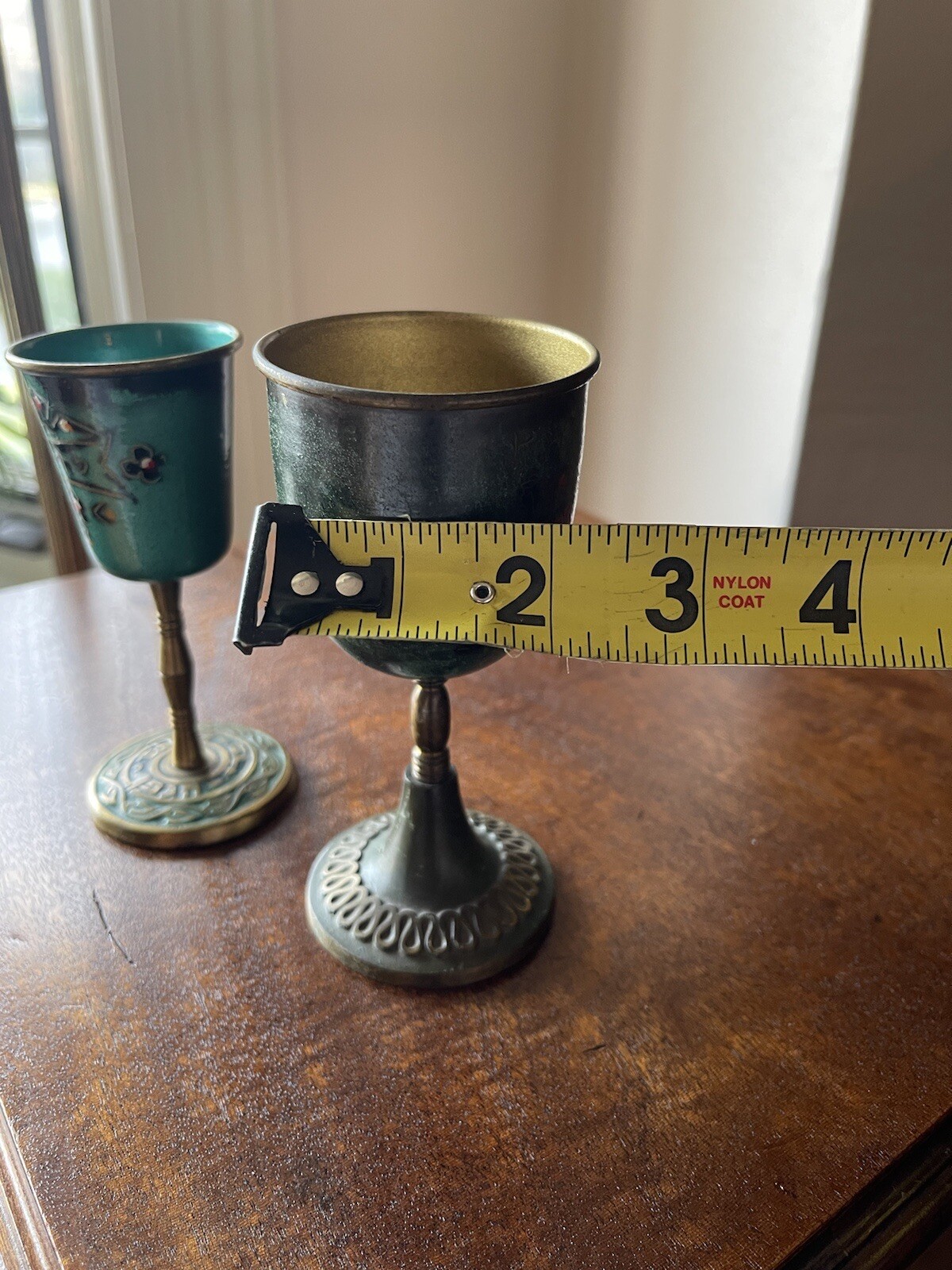 Two Israel Hakuli Hand Painted Goblet Sabra Bright Blue Green 5” Tall