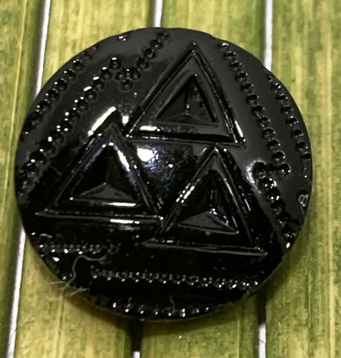 Antique Jet Black Glass Button Triangles Art Deco Triad Tunnel Shank 1/2″