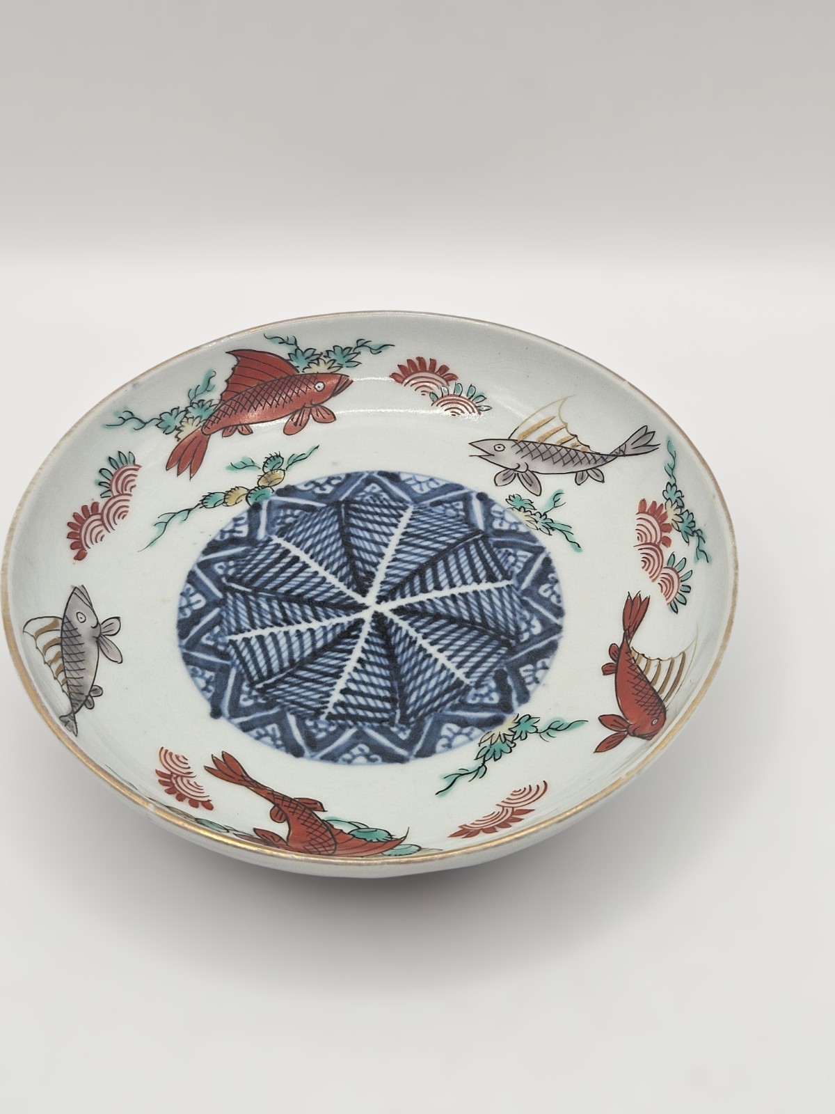 Japanese Arita Style Imari Porcelain Pin Dish Late Meiji W. Dealer Label Mid Edo