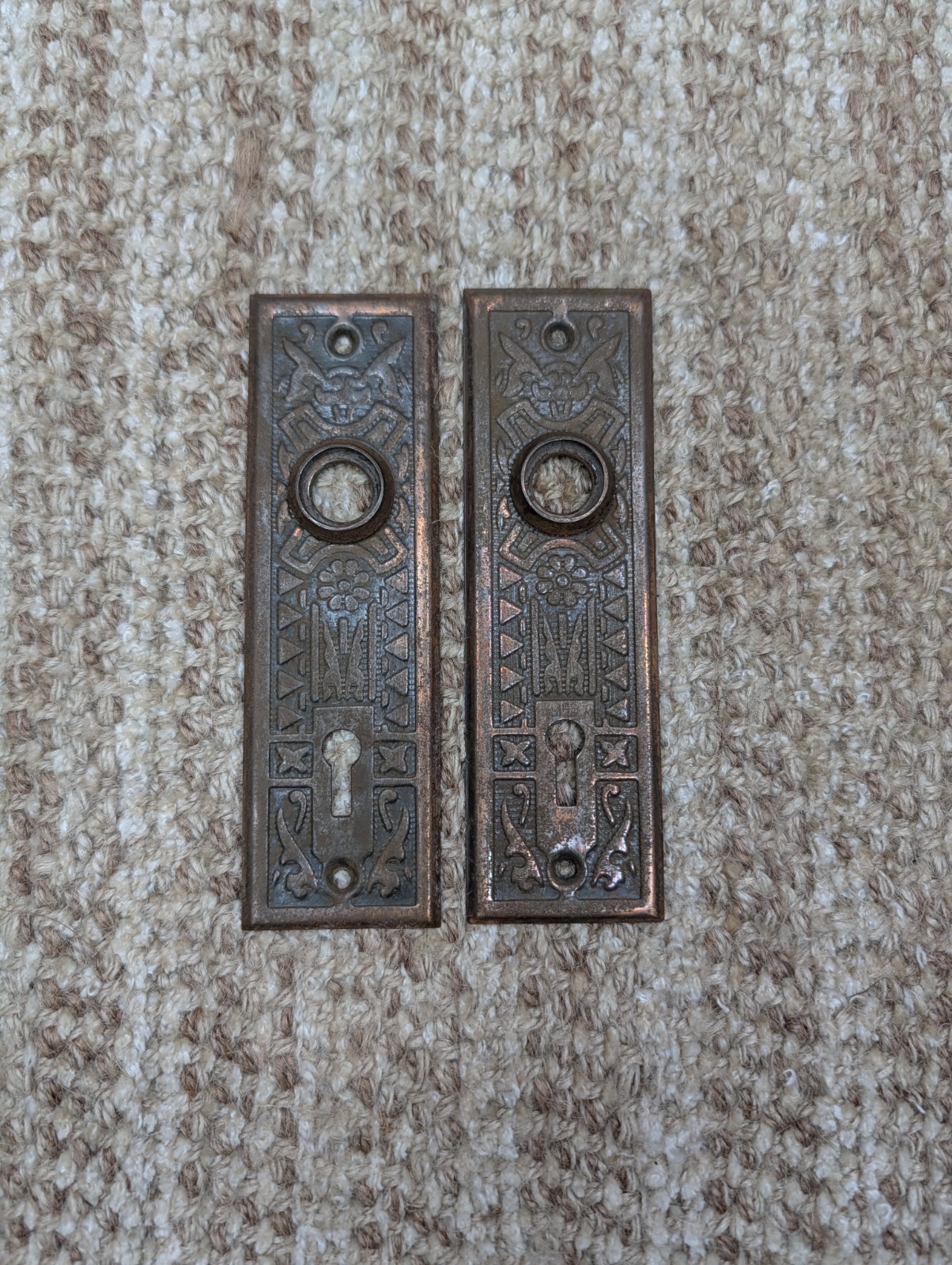 Pair 1 5/8″ x 5 1/2″ Antique Sargent Stamped Steel Door Knob Plates Circa 1890