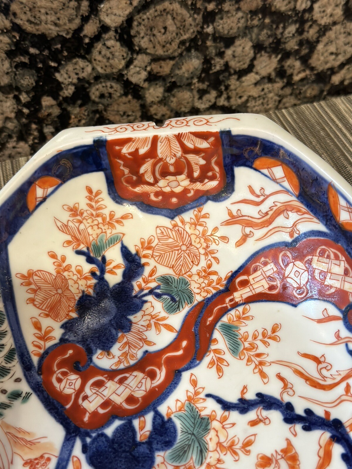 1850-1899 Antique Japanese Meji Period Imari Boat Platter Palatial Hibiscus