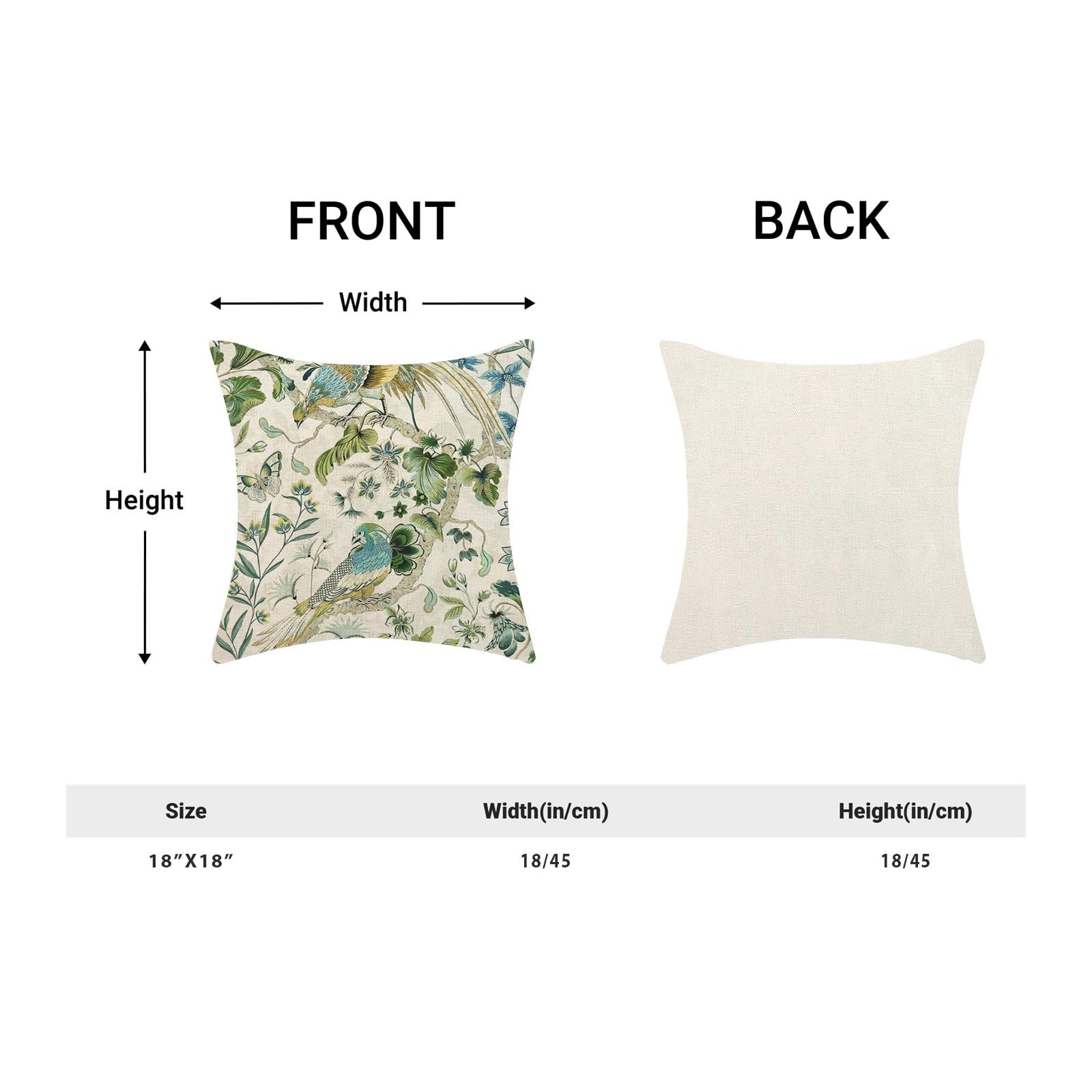 Chinoiserie Pillow Covers 18×18 Set of 2 Green Birds Floral Throw Pillow Cove…