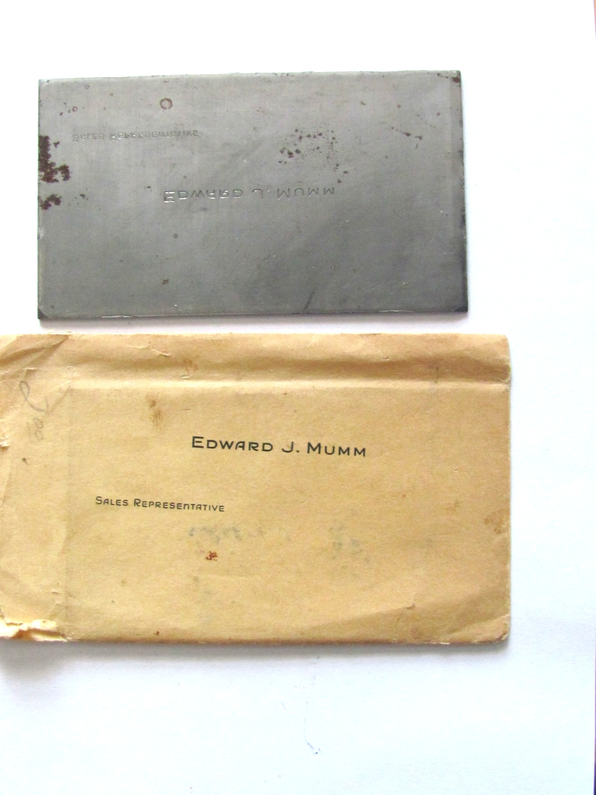 1950’S STEEL BUSINESS CARD PRINTING PLATE EDWARD J MUMM SALES REPRESENTATIVE