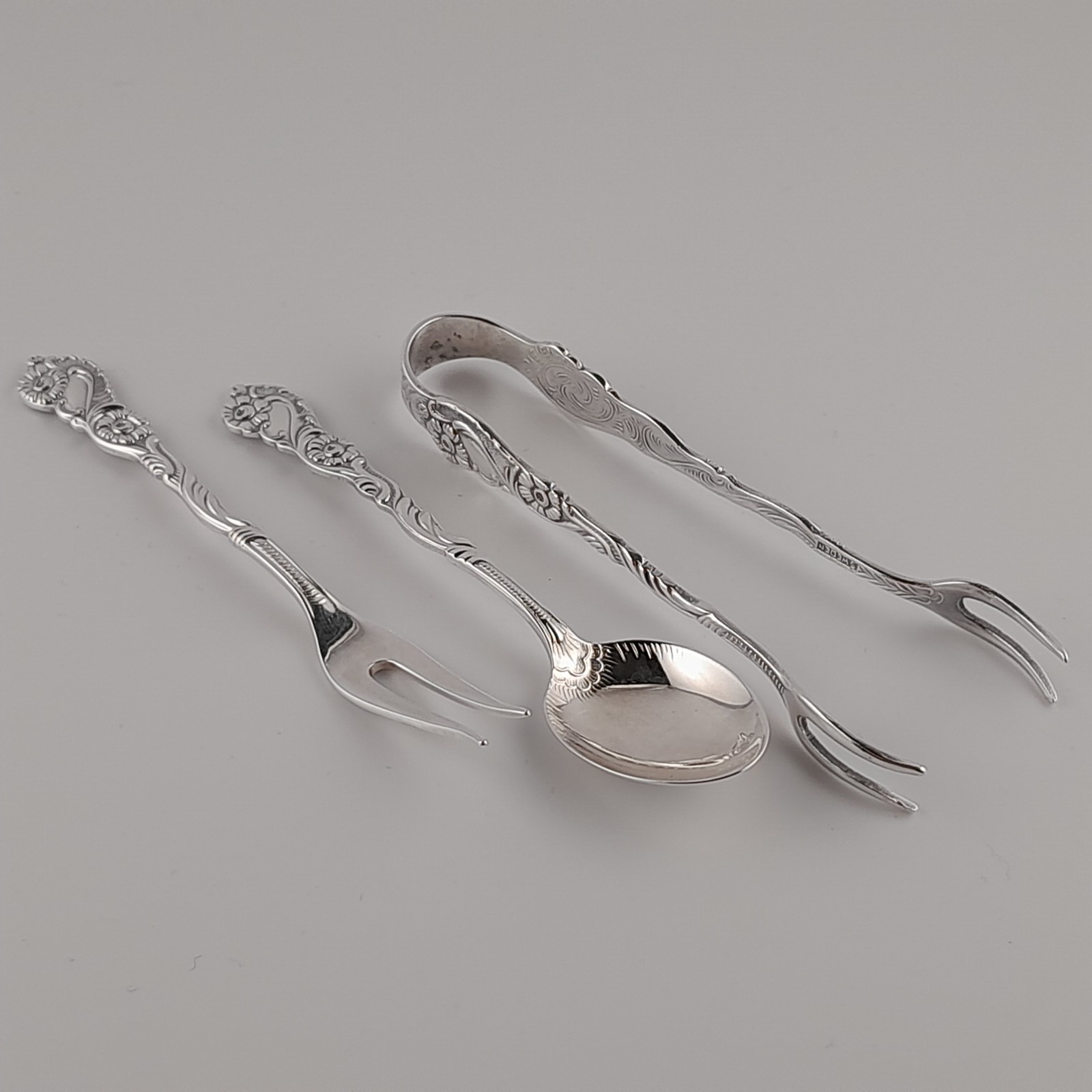 Nils Johan Sweden NIJ4 Silverplate 3pc Set Demitasse Spoon Lemon Fork Sugar Tong
