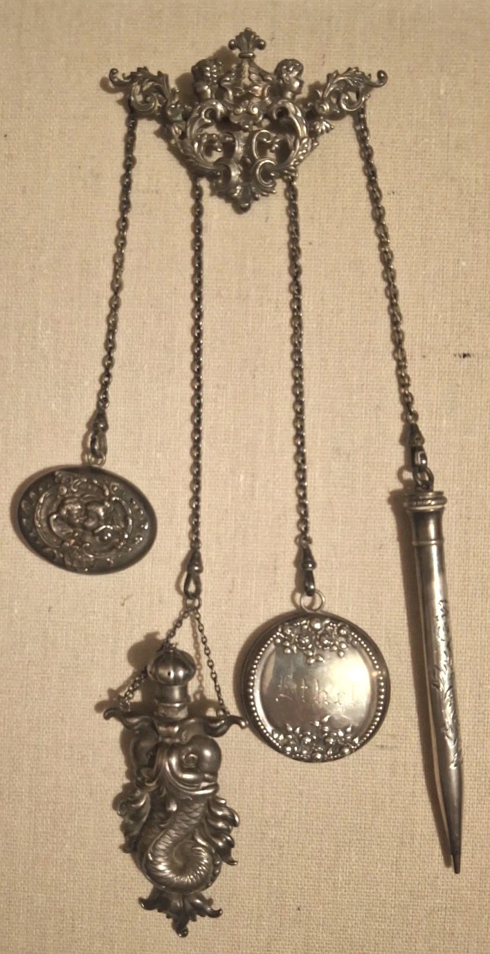 Antique Victorian Sterling Silver Chatelaine Pencil Mirror Dolphin Cherub Fobs
