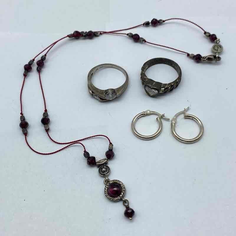 925 Sterling Silver Jewelry Lot of 4 Garnet Necklace CZ Rings Hoop Earrings