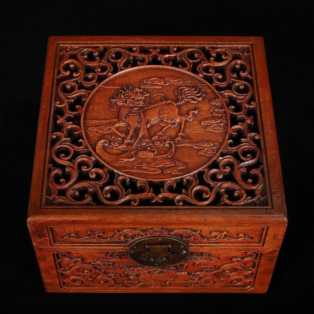 11″ Chinese Huali Wood Kylin Chi-lin Qilin Wooden Decor Jewelry Organizer Box