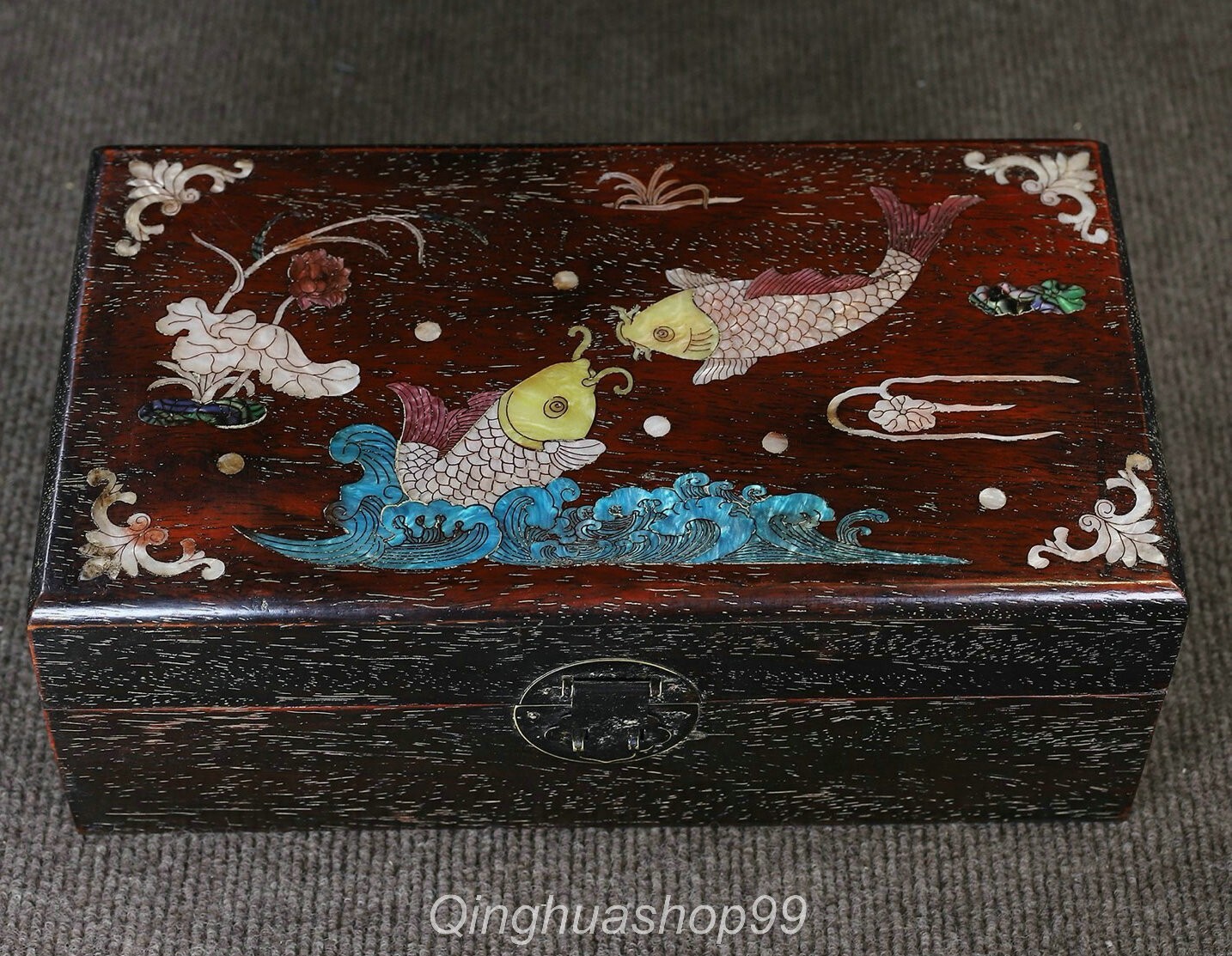 12″ Old Chinese Rosewood Inlay Shell Carved Fish Lotus Flower Leaf Pattern Box