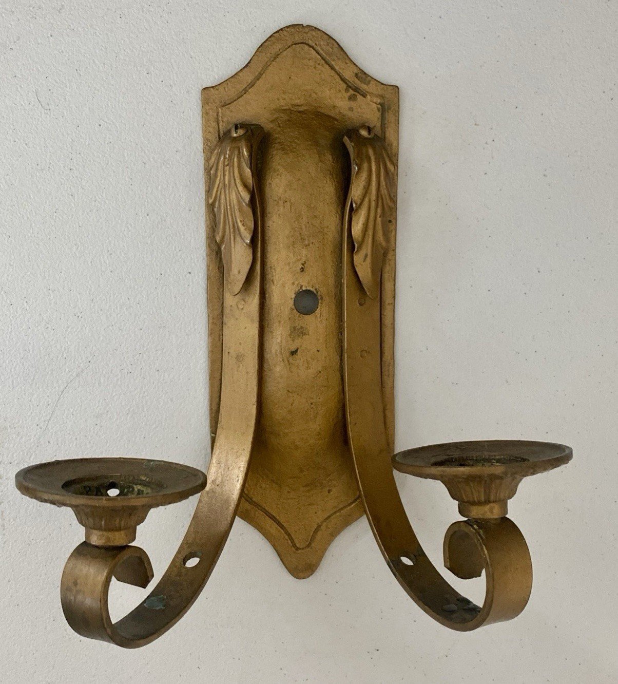 Antique Art Deco Iron Gold Tone 2 Arm Wall Mount Sconce Candle Holder 9.5”x 3.5”