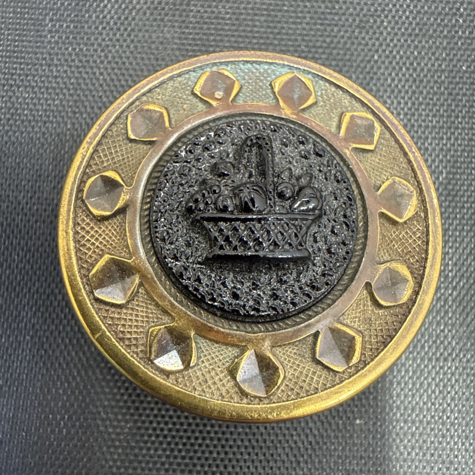 6/15 Antique Brass Drum Black Glass Basket Button Metal Shank Back Mourning