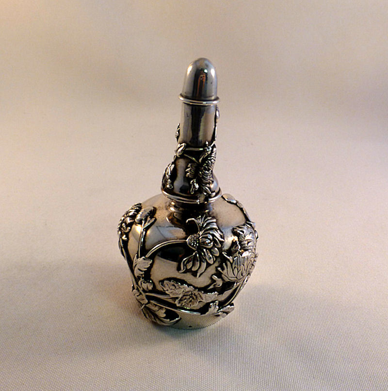 Shiebler Sterling Talc? Bottle W/ Applied Chrysanthemums-4 1/4″