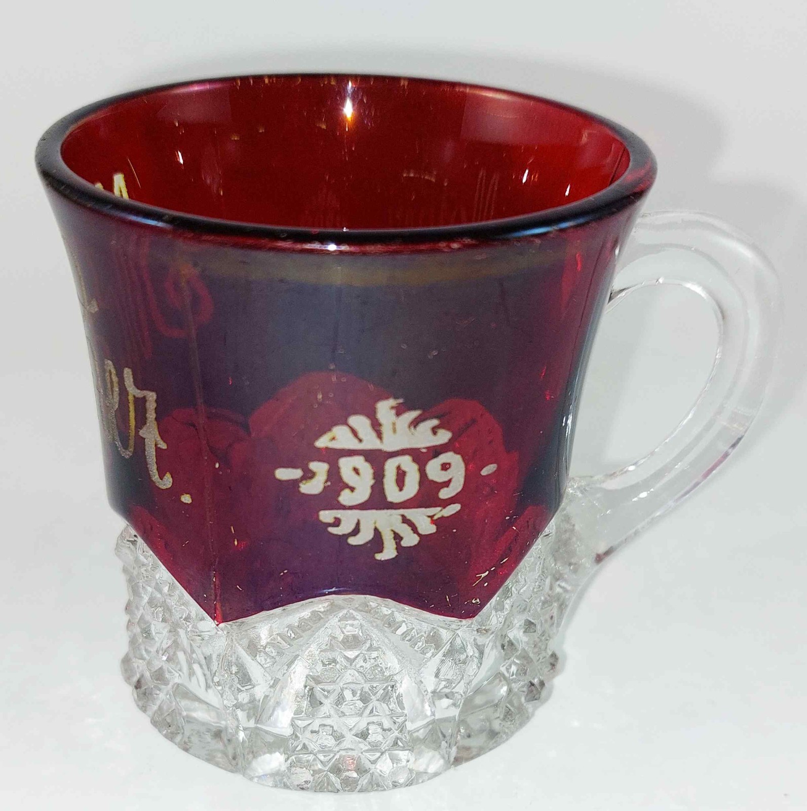 ANTIQUE 1909 RUBY RED FLASH CUT TO CLEAR GLASS MINI EAPG SOUVENIR MUG CUP MOTHER