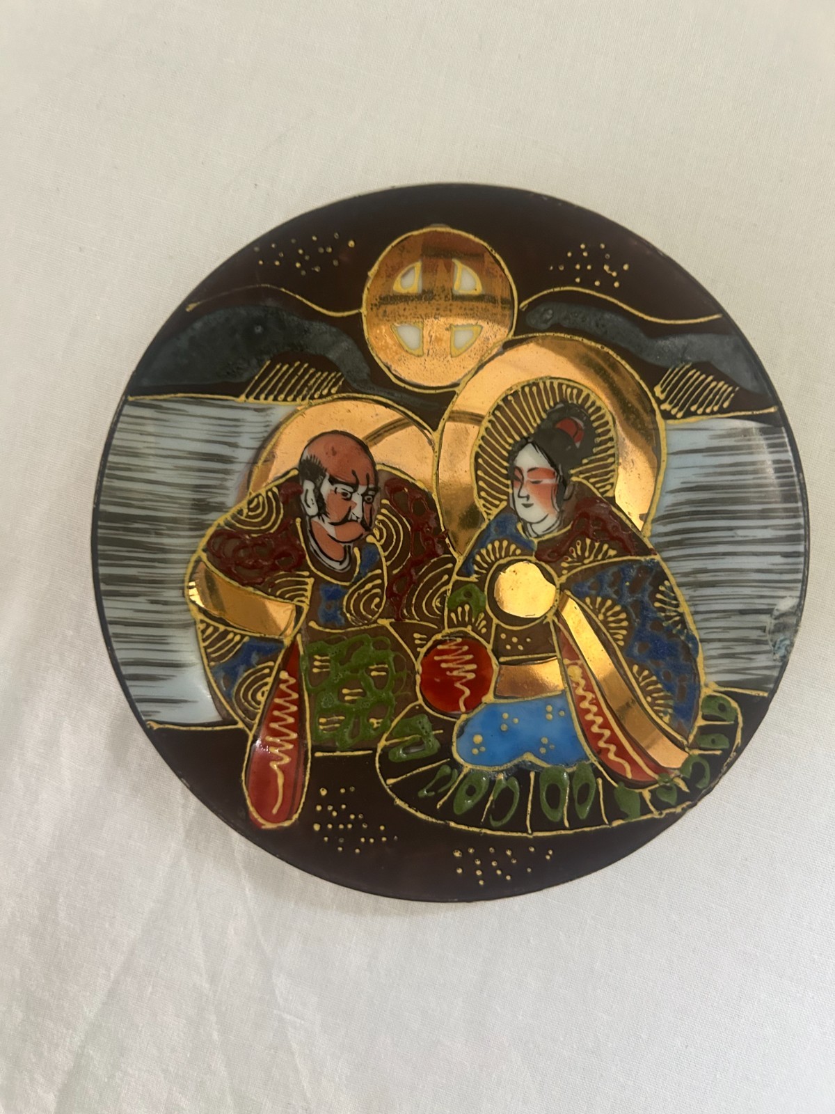 Kutani Japanese Porcelain Plate Hand Painted Gold Gilt Vintage Figures Dish