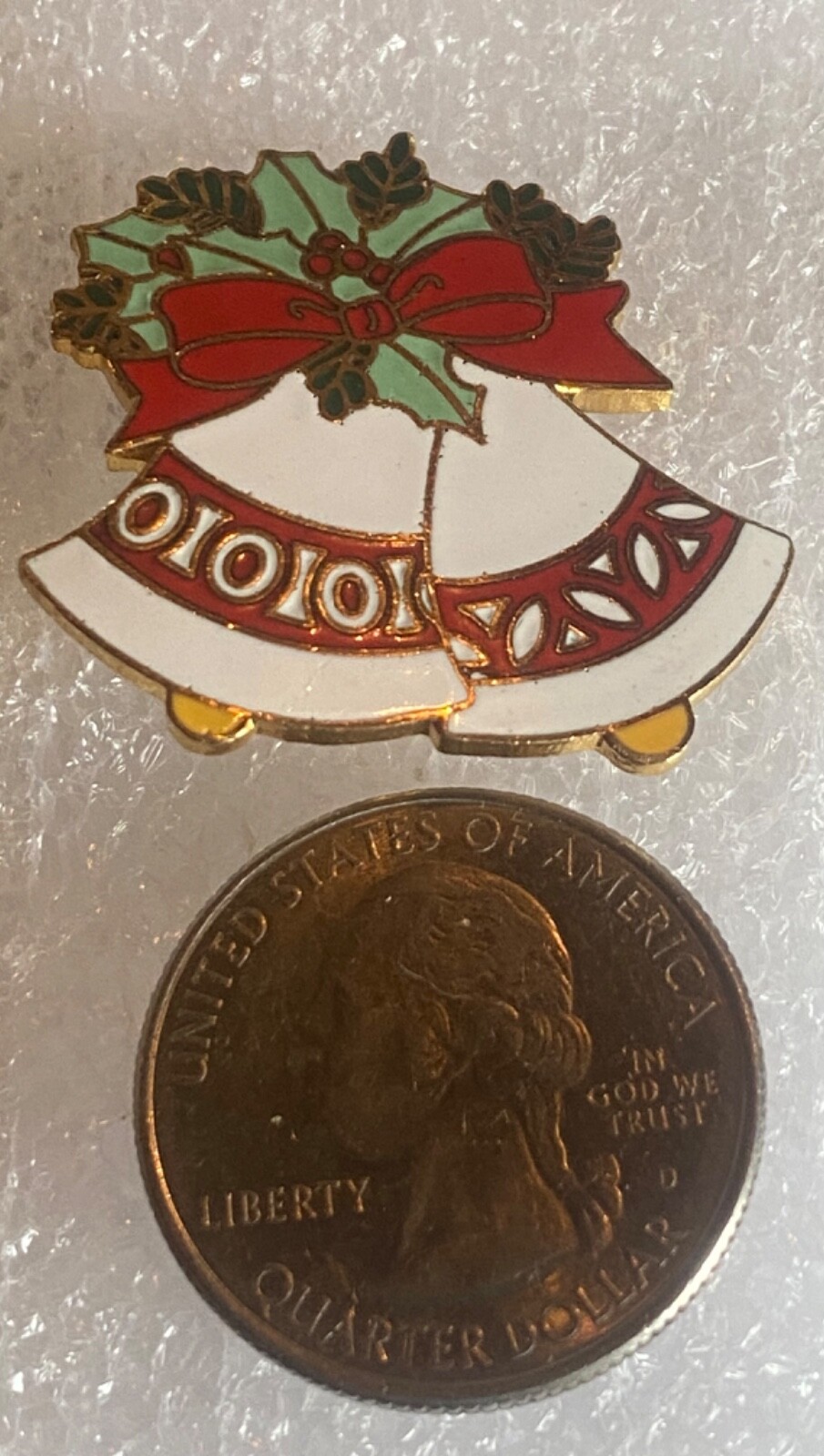 VTG AGC Christmas Bells With Bow Enamel Brooch Pin Red White Gold Tone Signed