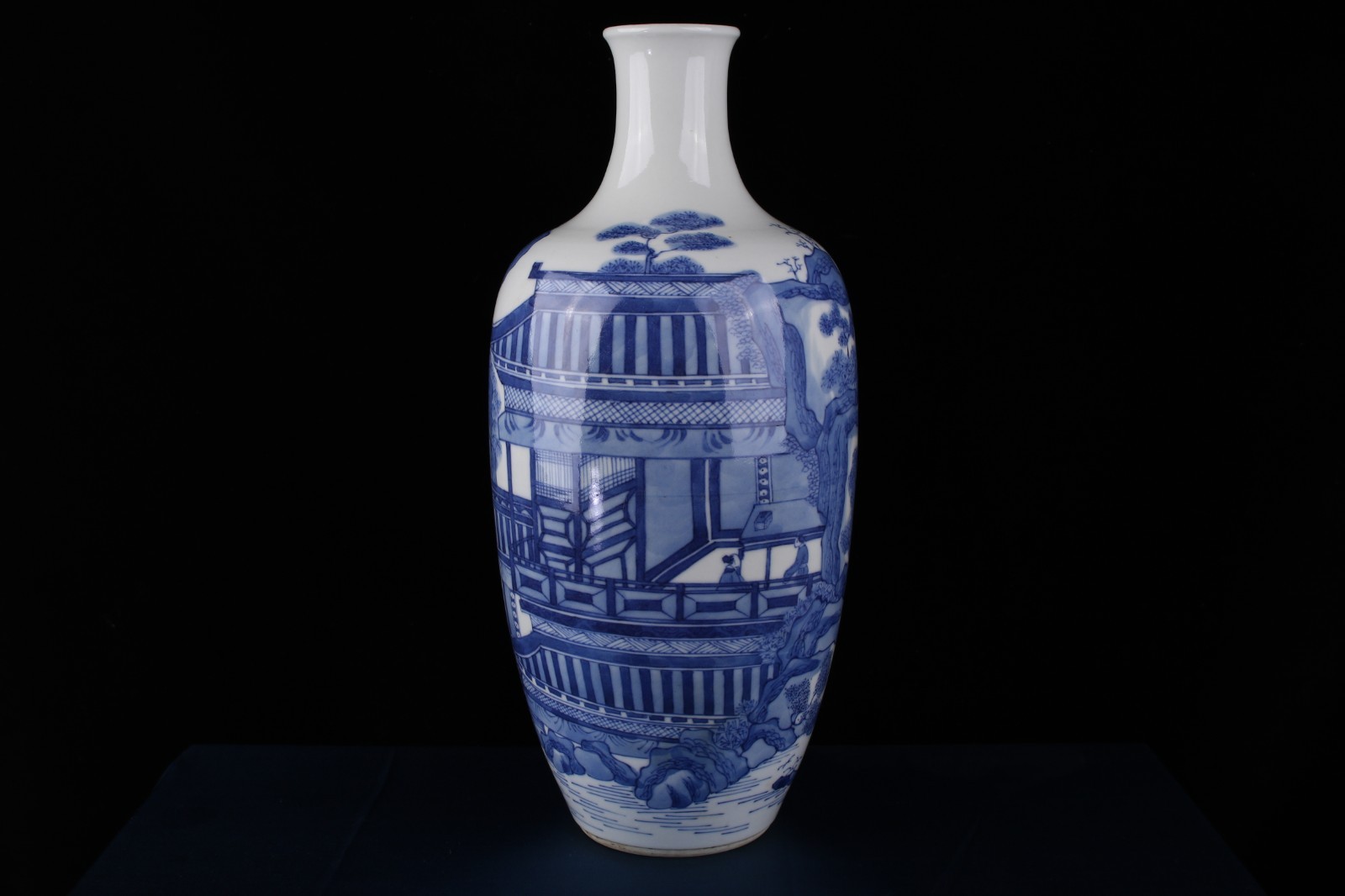 C0102. Blue & White Vase with Landscape & Scholar, Kangxi Mark
