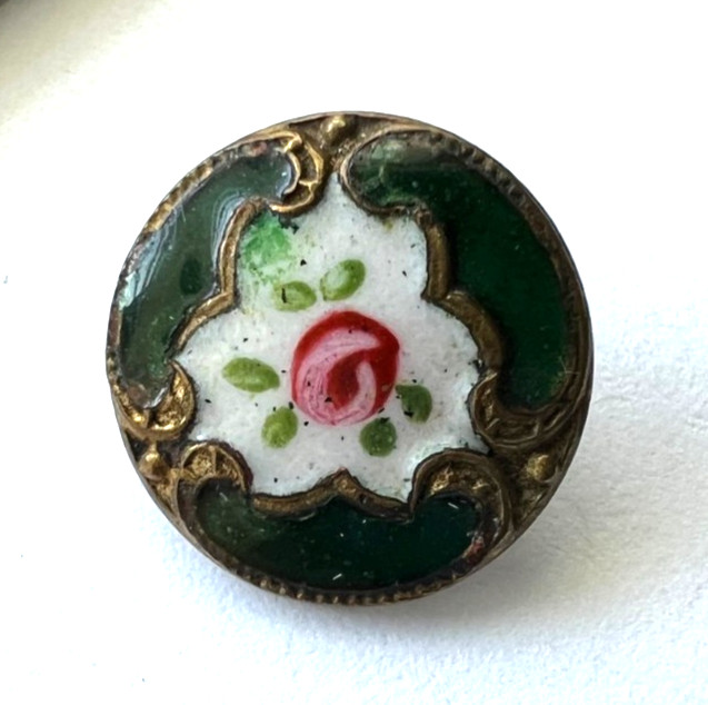 Small diminutive Antique French Enamel button~Pink Rose~Green~11mm~E32